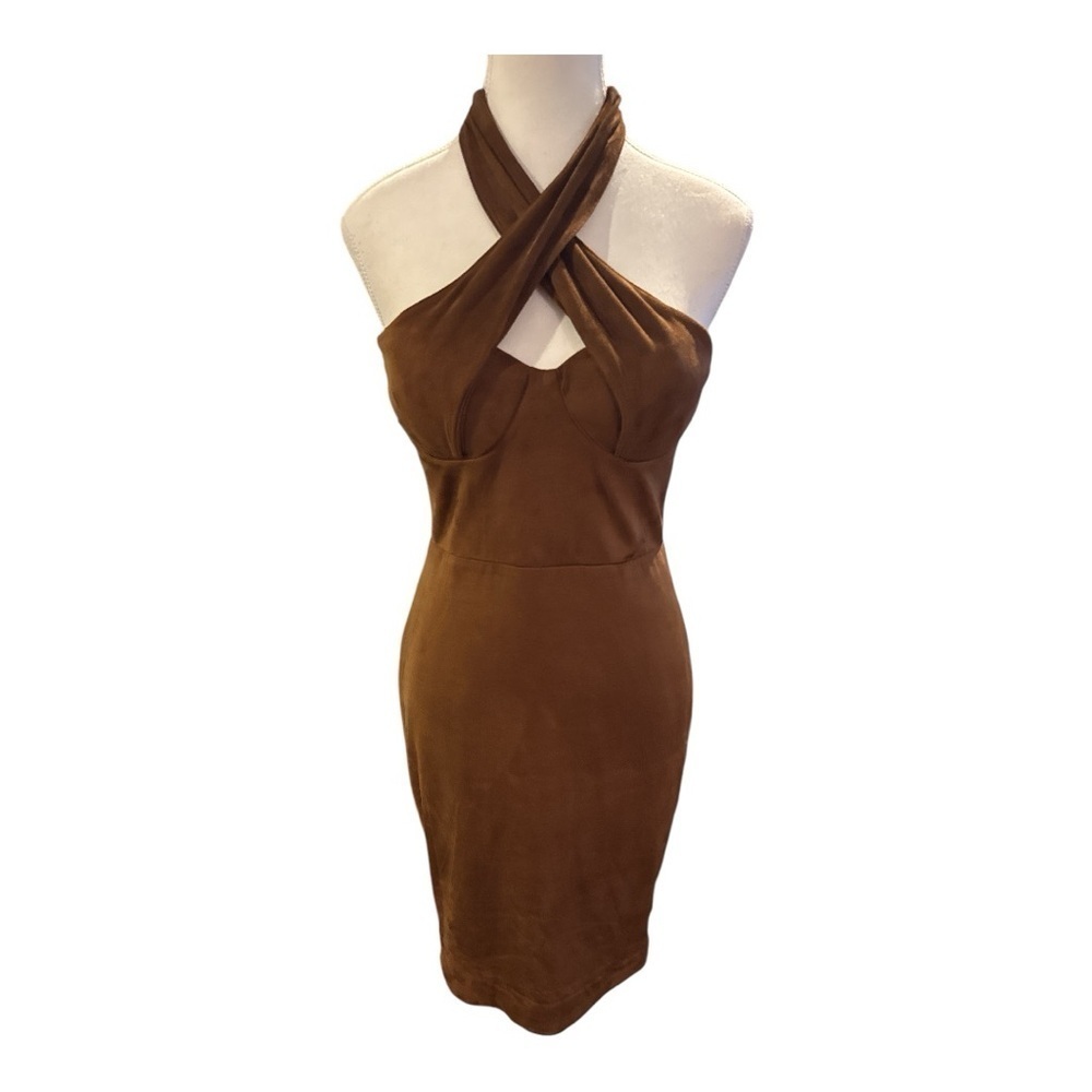 House of CB Camel Suedette Palmira Bustier Bodycon Halter Dress Sz M Mini - Picture 3 of 13